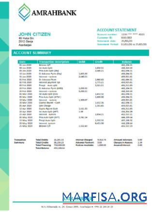 Realistic Azerbaijan Amrahbank bank statement word sample